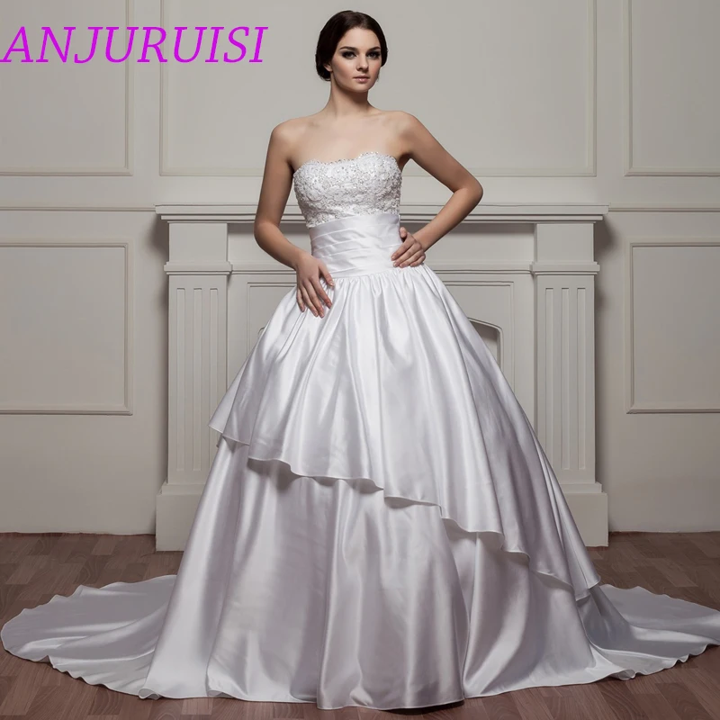 

ANJURUISI без бретелек Аппликации бисером Линия Свадебные платья 2020 robe de mariage атласное свадебное платье 2019 Pleat Vestido De Novia