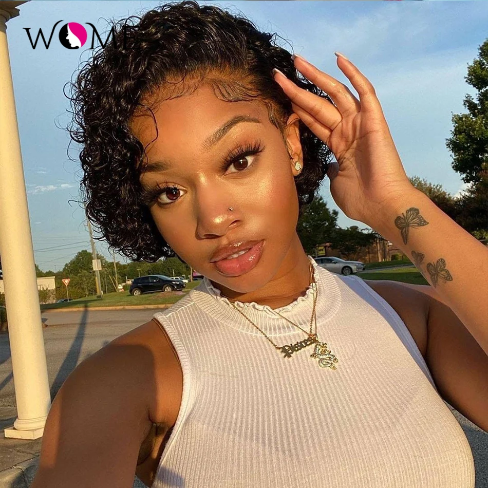 WOME Brazilian Curly Pixie cut wig 13x1 Lace Wig Human Hair Wigs For Black Women Pre Plucked Hairline 150% Remy Short wig