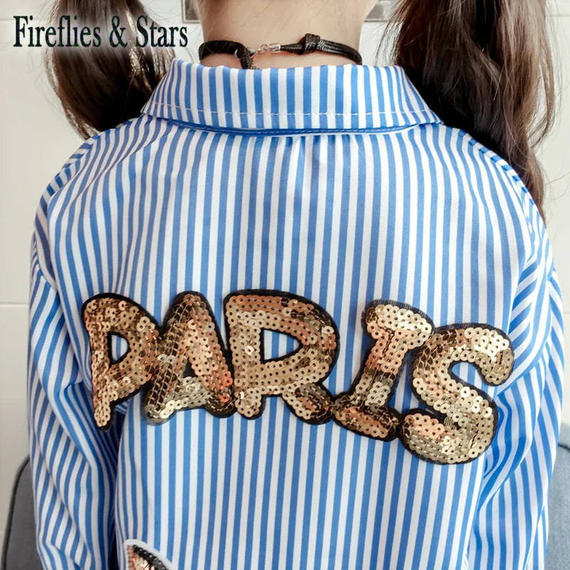 Spring Autumn baby girls blouse dress kids tops Children brand clothes fashion striped sequin cat letter pop crown 2 to 7 yrs | Детская