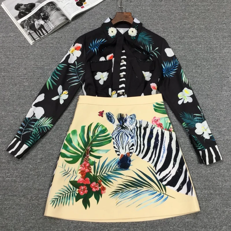 Red Roosarosee Designer Women 2 Piece Set Spring Summer Animal Print Sequins Long Sleeve Blouse Top+ Skirt Fashion Lady Suit