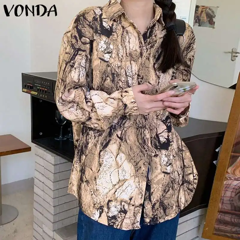 

VONDA винтажные топы с принтом краски 2021, модные женские осенние Рубашки с отворотом и длинным рукавом, на пуговицах, богемные праздвечерние б...