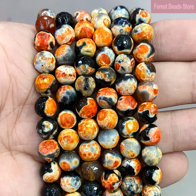 

Frost Faceted Orange Dream Fire Dragon Veins Agates Round Loose Beads 15'' Strand 8mm Diy Handmade Bracelet for Jewelry Making