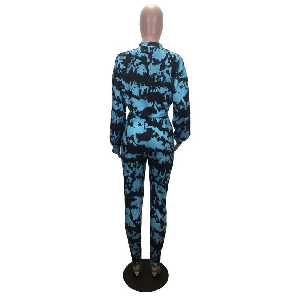 

Tie-dye Printed Bodycon Women Two Piece Sets Fashion Lace Up Lantern Sleeve Sweatshirt Top+jogger Trousers Autumn Clothing Hot