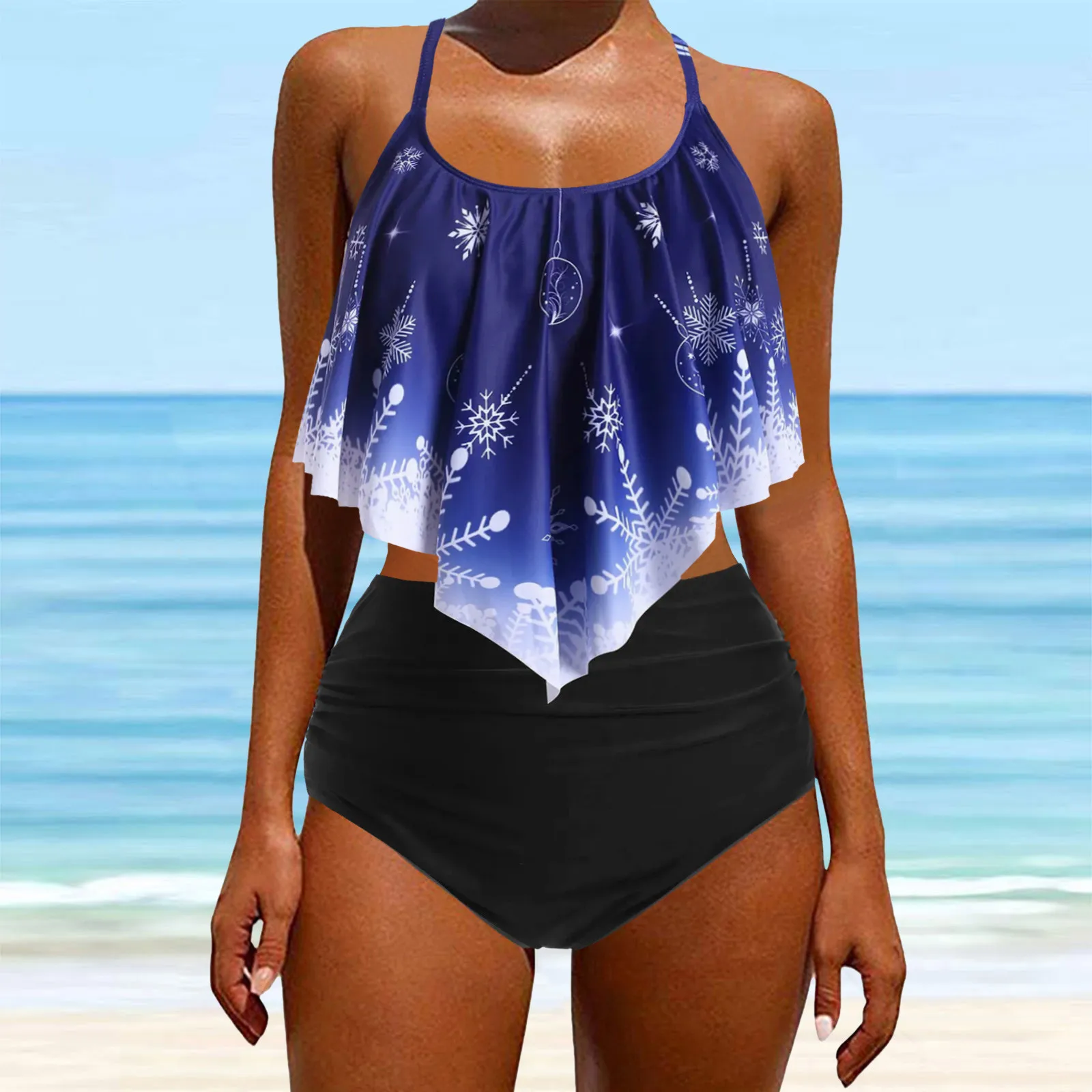 

Swimwear Ruffles Women Suits Two Piece Sets Printed Beachwear High Waist Bikini Set Bottoms Swimsuits Women Push Up Tankini