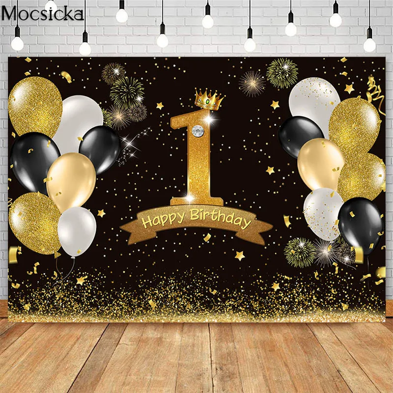 

Boy 1st Birthday Party Backdrop Glitter Golden and Black Balloon Decor Backgrounds Photography First Birthday Cake Table Banner