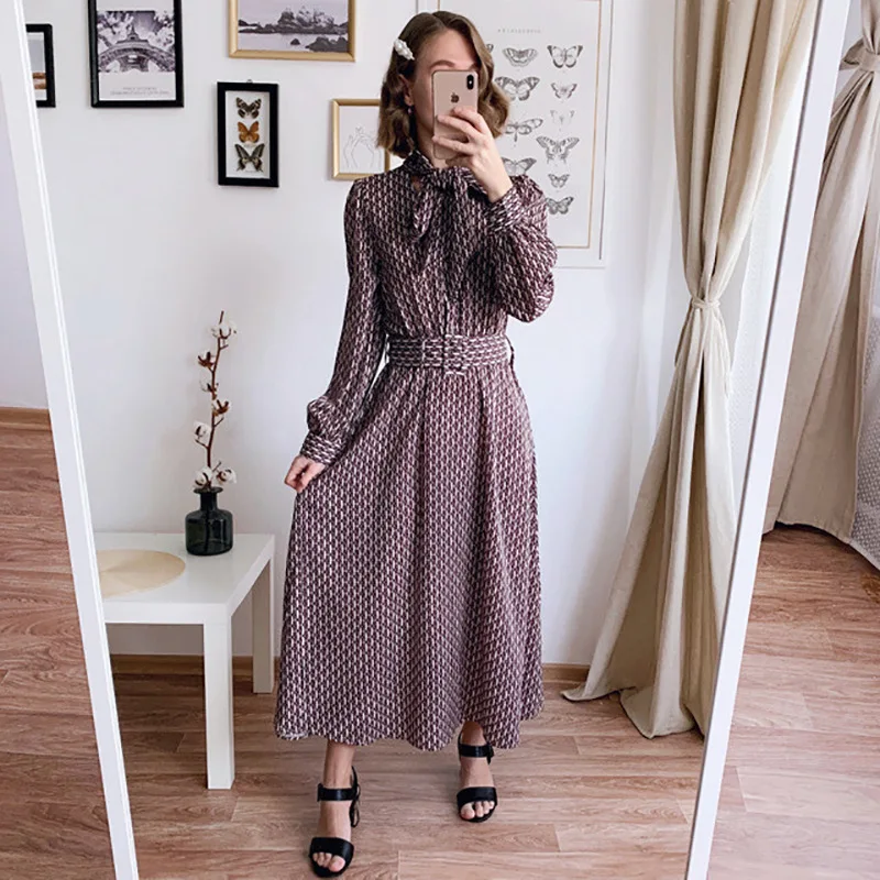 Женское платье-рубашка LUZUZI Элегантное Длинное платье с поясом цепочкой бантом на