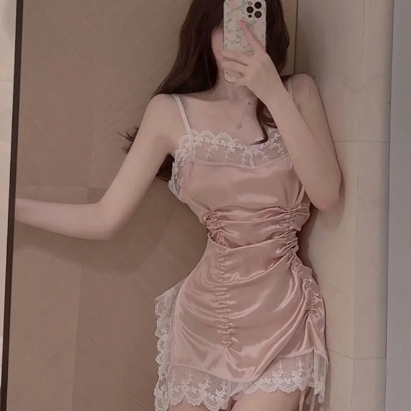 

WOMENGAGA Korean Casual Sweet Sexy V-neck Drawstring Fold Lace Mesh Clothes Women Mini Dress Camisole Hot Korean Girl Female 7W8
