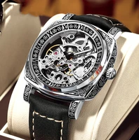 luxury transparent skeleton watch men automatic square case luminous pointers carved movement mechanical watch leather clock