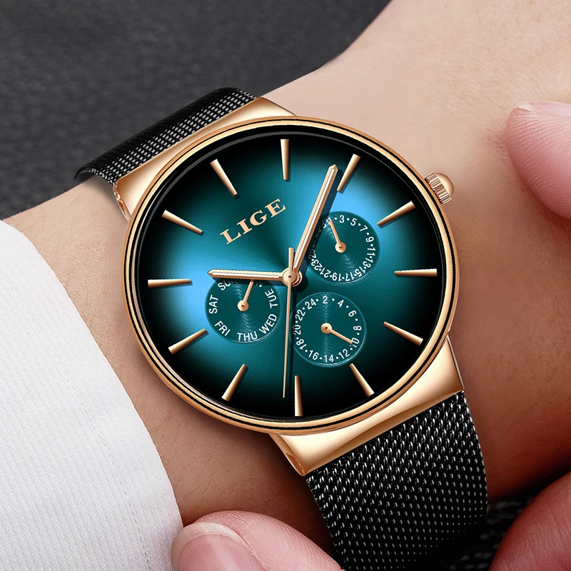 Часы наручные LIGE мужские с сетчатым ремешком креативные брендовые люксовые