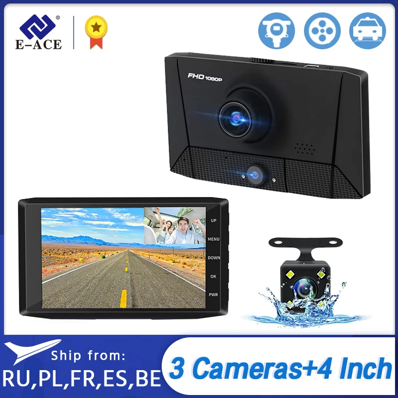 E ACE Автомобильный видеорегистратор 4 0 дюймов Dash Cam 3 Камера s объектива Авто