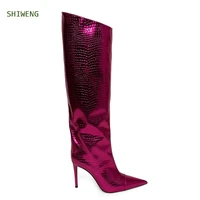 2022 snakeskin new knee high boots for women pink round toe thin heel luxury fashion long boots hot sale brand boots female