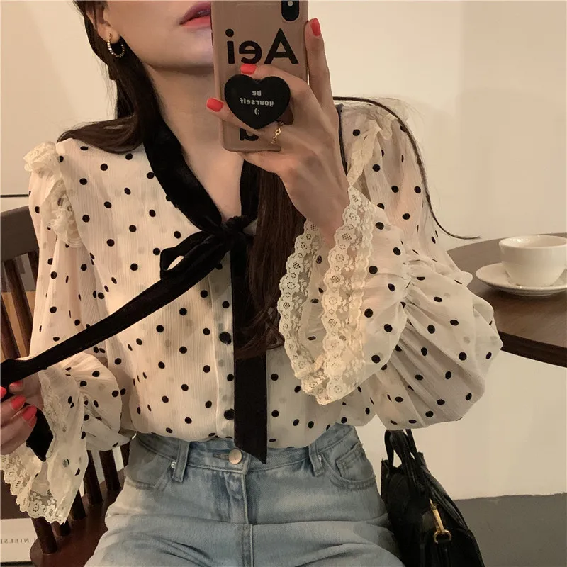 

ZAWAHIKI Polka Dot Blouse Women Tops Office Ladies Elegant Bow Lace Up Blusas Mujer Vintage 2021 Spring Elegant Shirts Ins