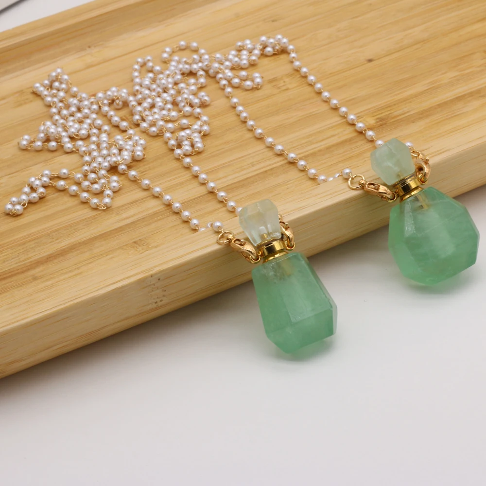 

Natural Stone Essential Oil Diffuser Perfume Bottle Green Aventurines Pendant Necklace Two Glass Pearl Chain Women Jewelry Gift