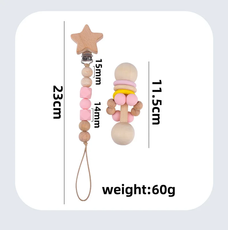 Juguetes de madera para beb&eacute;s, sonajero de haya, pulsera de estrella, campana, chupete, Clip, sonajero para beb&eacute;, cadena de chupete sonajeros y juguetes educativos-5