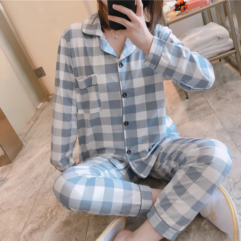 

Girls Nightwear Button Down Milk Pajamas Pijamas Set Long Sleeved Leisure Sleepwear for Women Grid Femme 2 Pieces Homewear Suit
