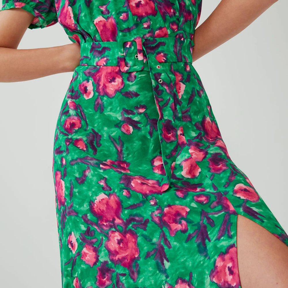 2019 ZA женское платье с принтом круглым воротником и разрезом сбоку коротким