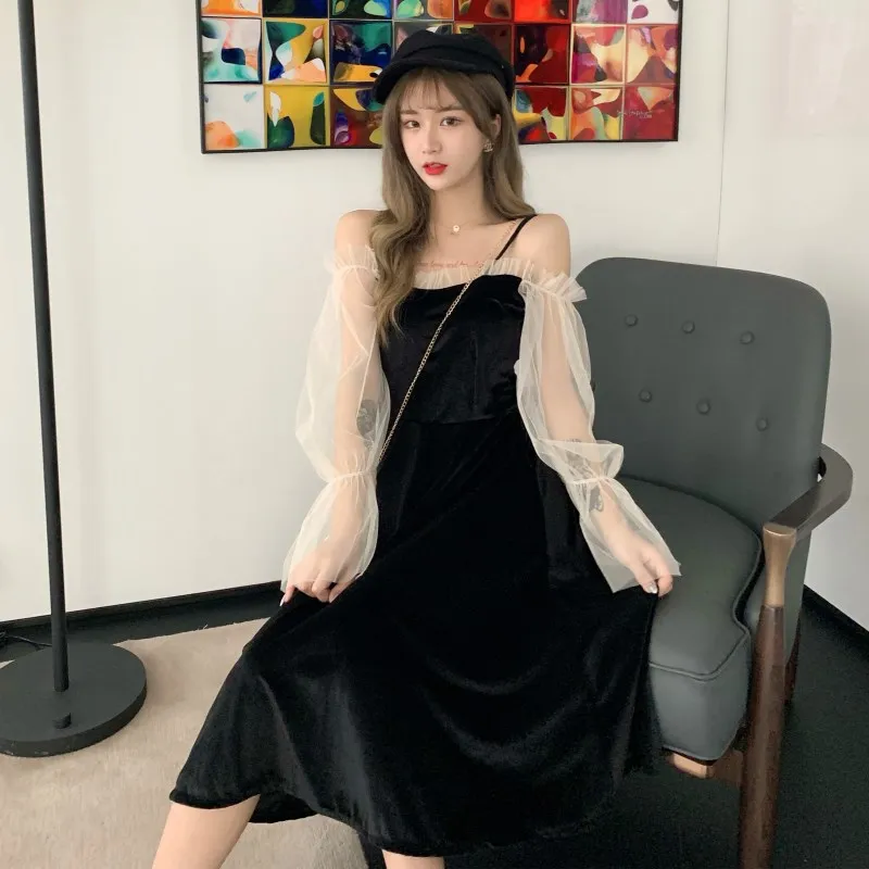 Женское бархатное платье в стиле &quotЛолита&quot зимнее прозрачное Сетчатое с