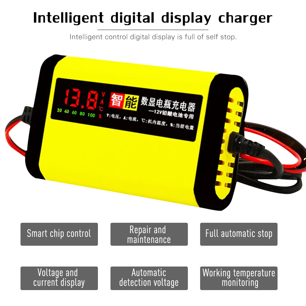 

Smart Motorcycle Car Battery Charger 12V 2A LCD Display Full Automatic 3 Stages Lead Acid AGM GEL Intelligent 12 Volt 10AH 20AH