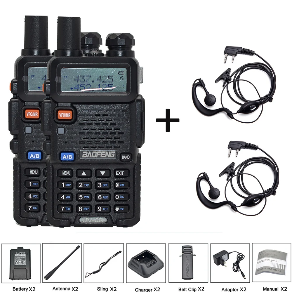 add 2 earp 2 шт Baofeng UV-5R рация VHF UHF136-174Mhz& 400-520Mhz Двухдиапазонная 8W двухсторонняя рация Baofeng uv 5r рация uv5r - Цвет: add 2 earp