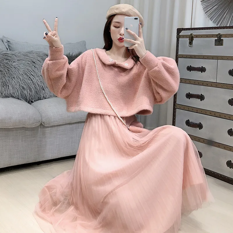 Женский комплект из двух предметов свитер искусственного кашемира и Сетчатое