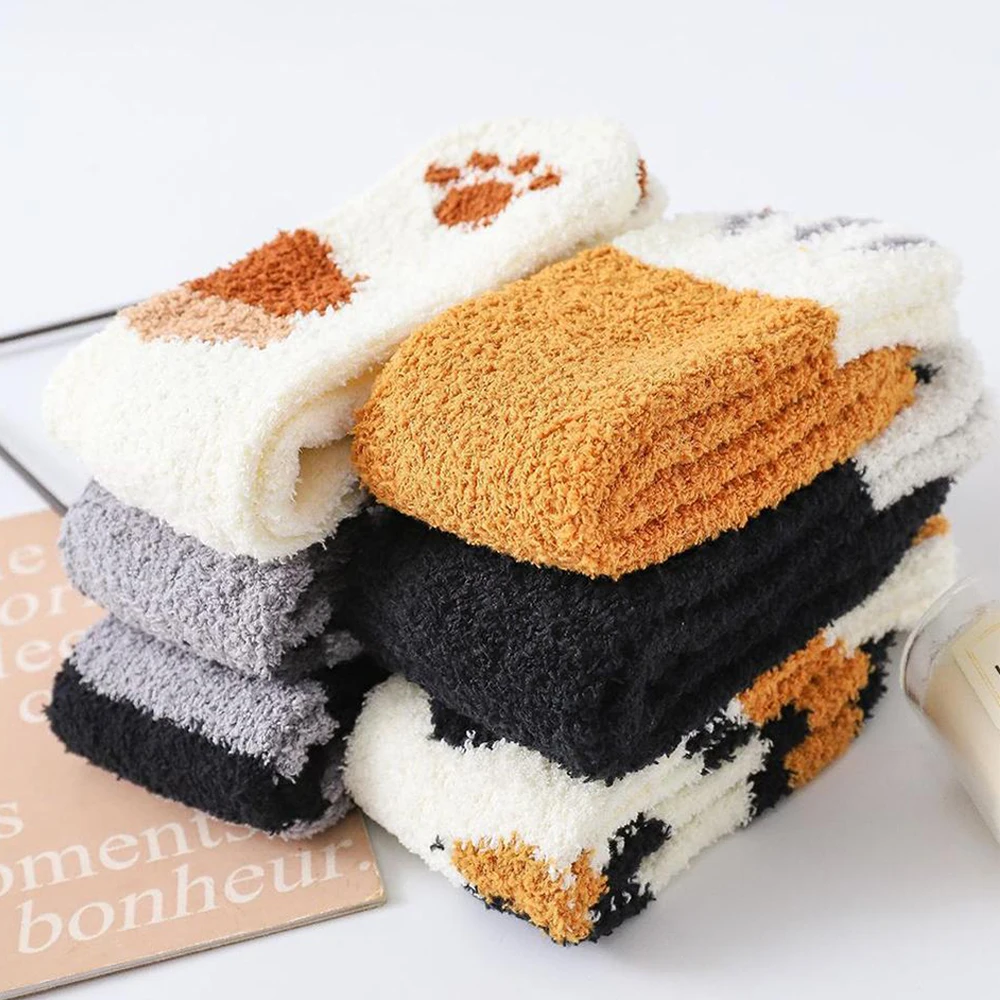 

Womens Kawaii Socks Girls Coral Fleece Winter Warm Funny Creative Cartoon Cat Paw Striped Printed Soft Woman Socks