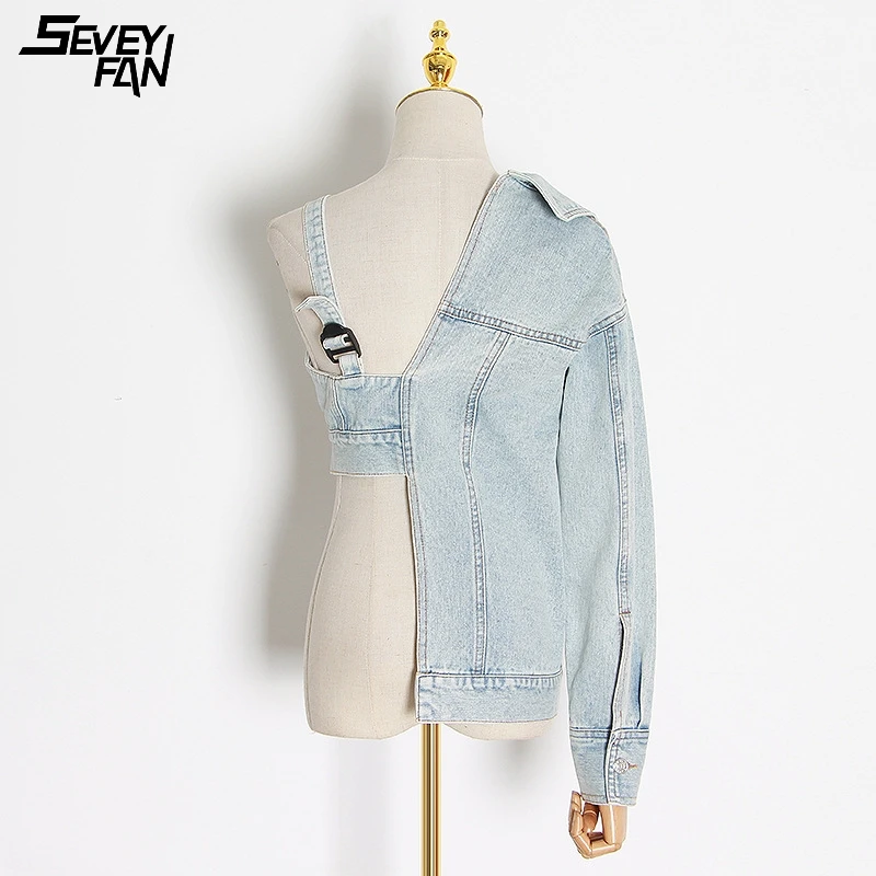 

Hipster Half Denim Jacket and Wrapped Chest Patchwork Women Button Straps Streetwear Hip Hop Jeans Jackets Blue Fashion 2021 New