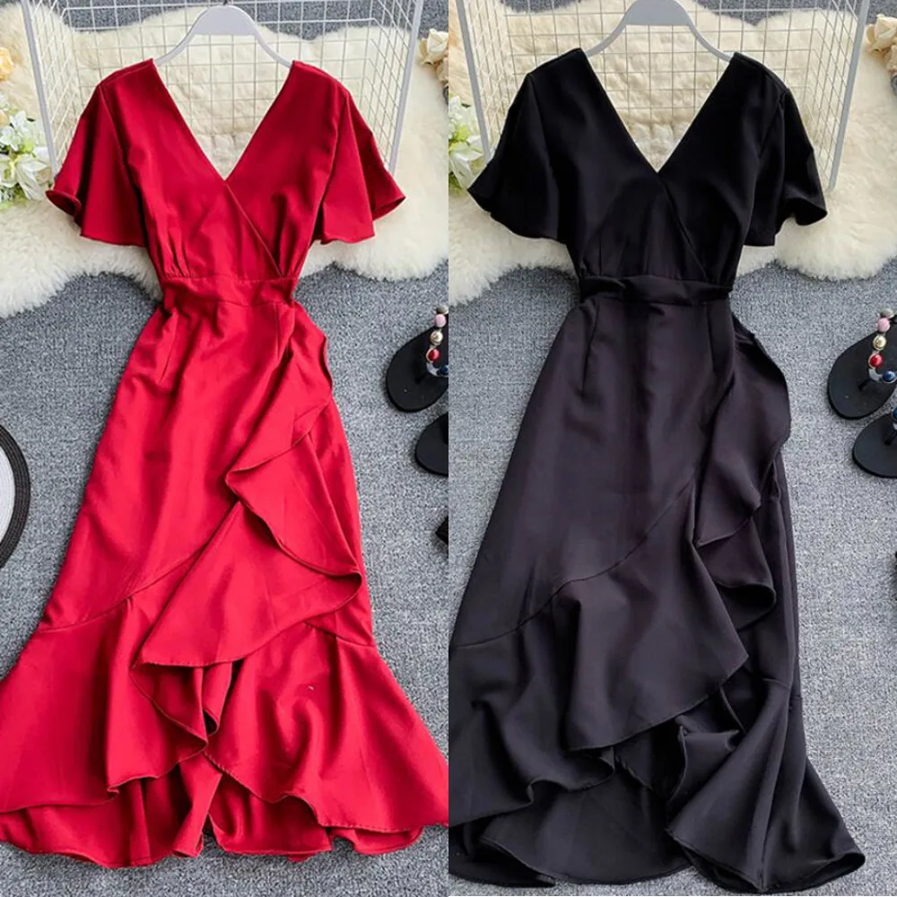 

2020 Vintage ruffles solid V Neck floral print Dress Summer Party Midi dress Women high waist elegant irregular Fishtail Dresses