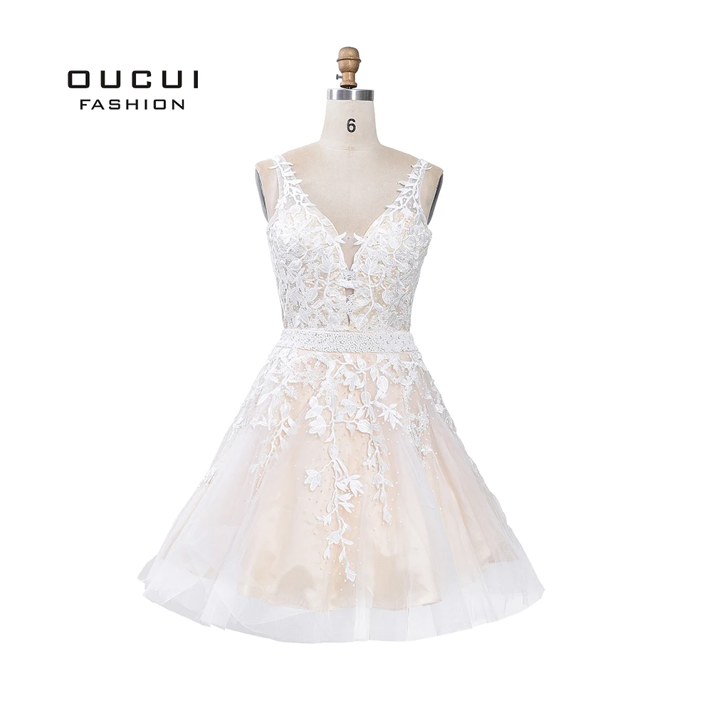 Short Dress Ivory Кружевные аппликации Формальные Вечерние платья с v-образным вырезом Длинные вечерние платья трапециевидной формы винтажные платья для выпускного вечера Vestido OL103201 - Цвет: Short Dress Ivory