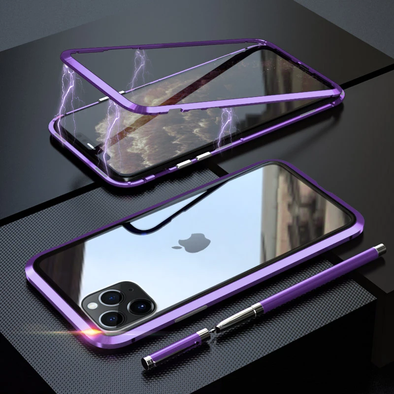 360 металлический чехол для iPhone 6, 7, 8 Plus, X, XR, XS MAX, чехол на магните, роскошный противоударный чехол из закаленного стекла для iPhone 11 Pro Max, чехол - Цвет: Purple