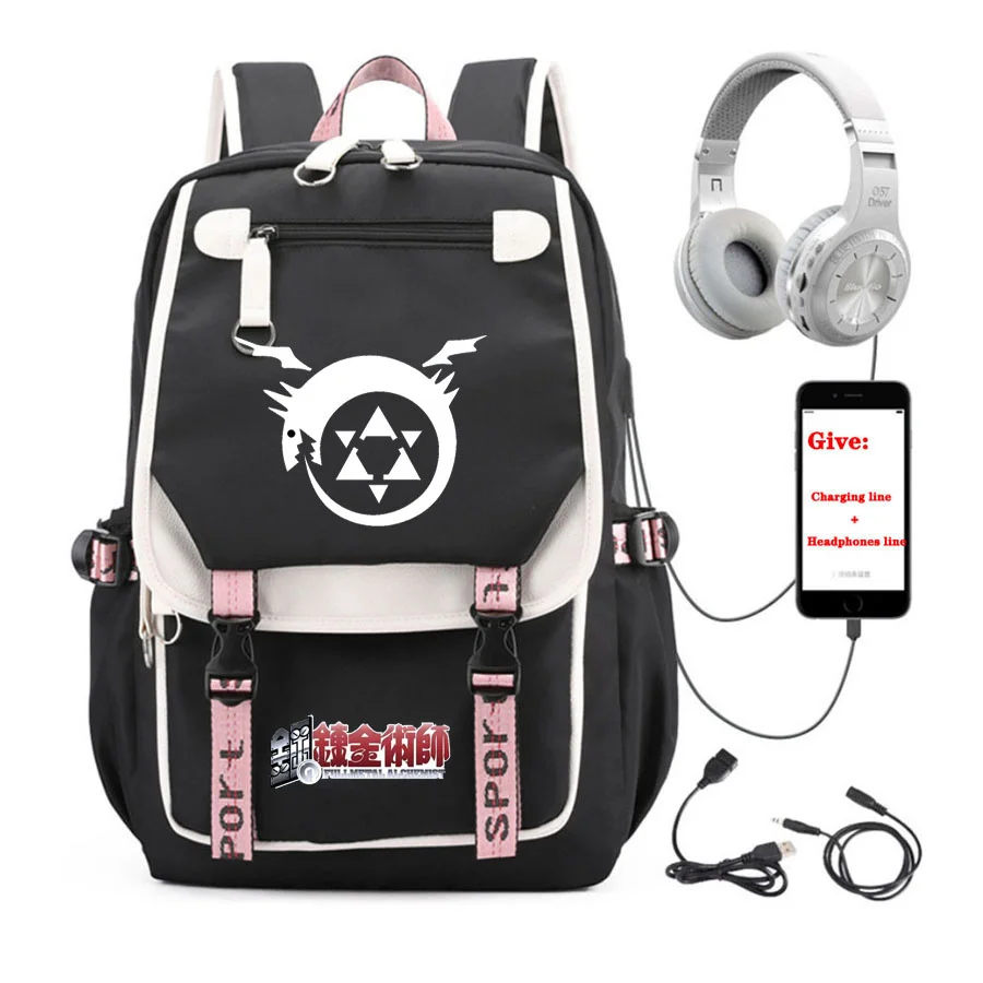 

Рюкзак для ноутбука с USB-зарядкой для подростков, аниме цельнометаллический женский школьный ранец для учебников, дорожный рюкзак для мужчи...