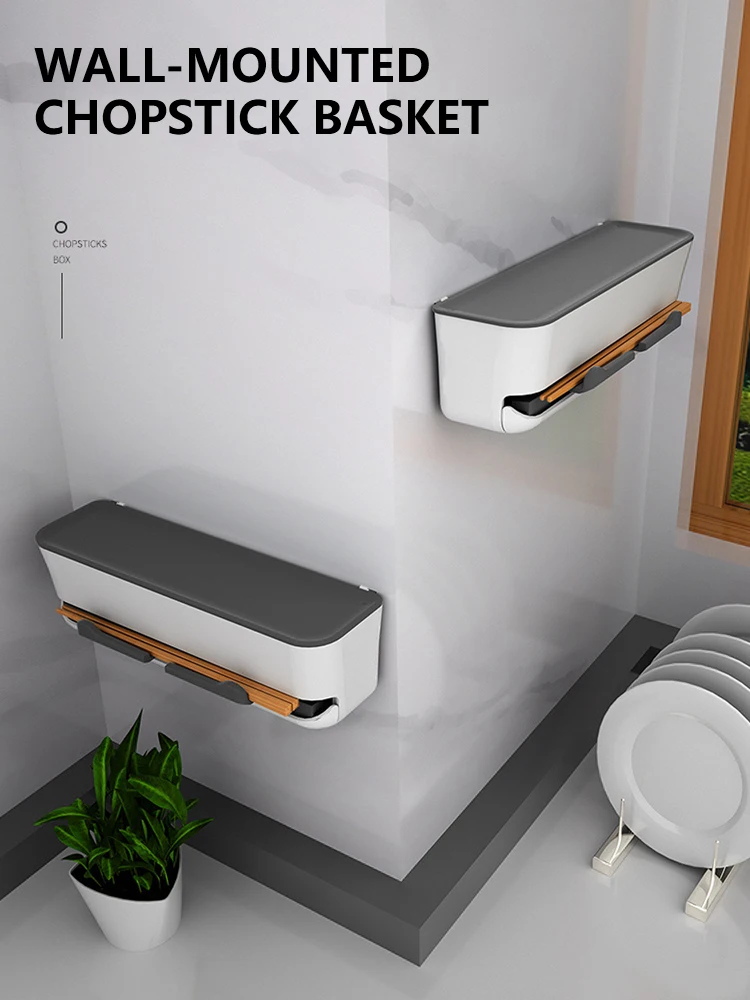 

Wall Hanging Automatic Chopstick Cage Kitchen Organizer Cutlery Tray Utensil Container With Lid Storage Rack