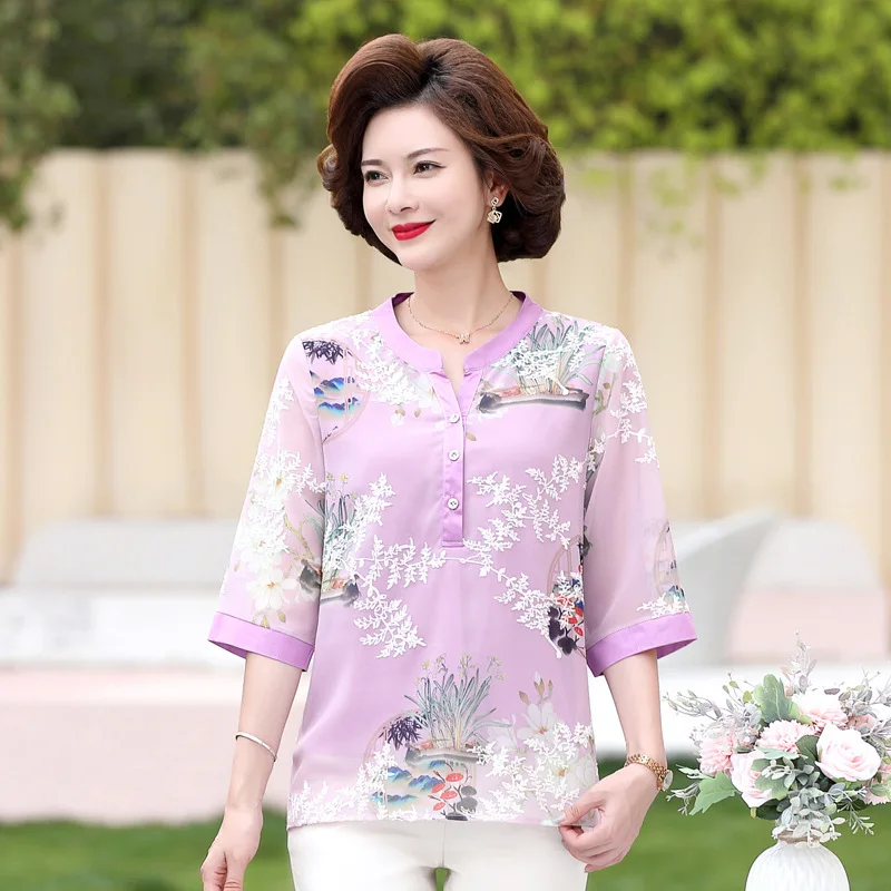 

new Mom's 2021 foreign style middle-aged and old women's T-shirt middle-aged fashion base Chiffon sleeve spring summer top