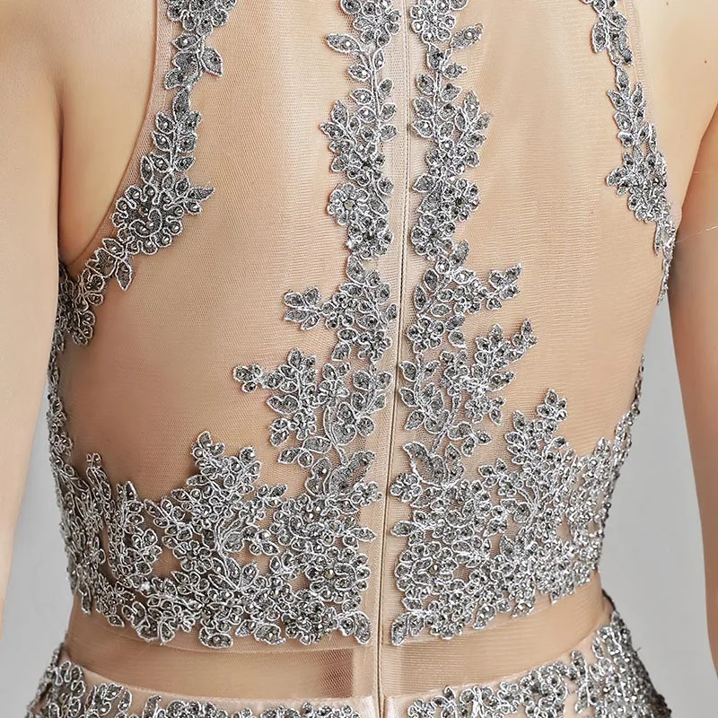 

Elegant Evening Dresses Scoop Sleeveless Natural A Line Party Gown Sequins Embroidery Illusion Floor Length Robe De Soiree LX490