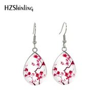 chinese plum blossom flower pattern tear drop dangle earrings glass cabochon handmade craft jewelry