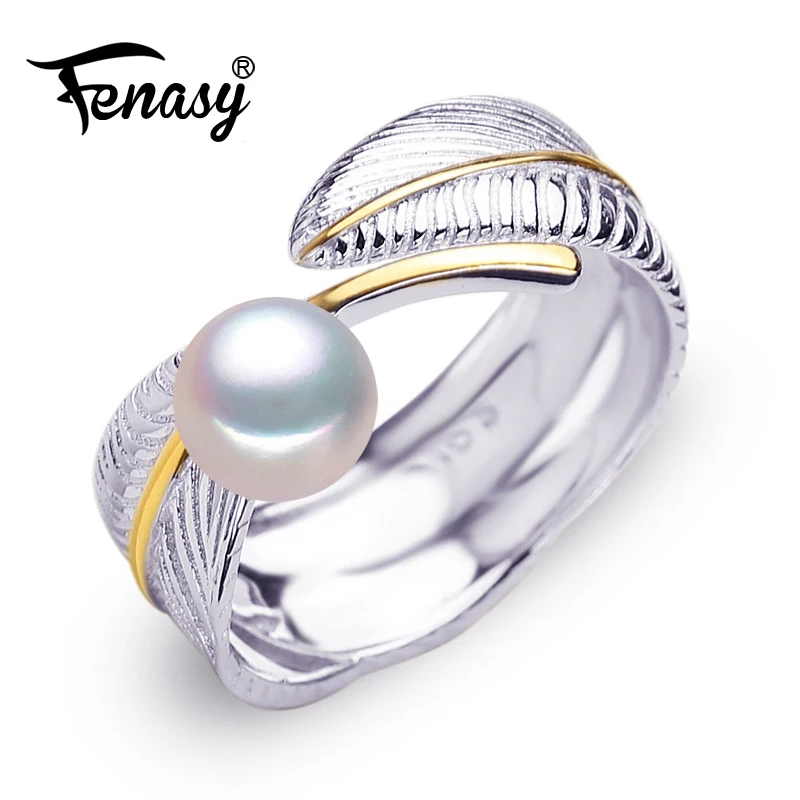 FENASY, модное, на заказ, готическое 925 пробы, Серебряное и Золотое кольцо с жемчугом, настоящие кольца с натуральным пресноводным жемчугом для женщин
