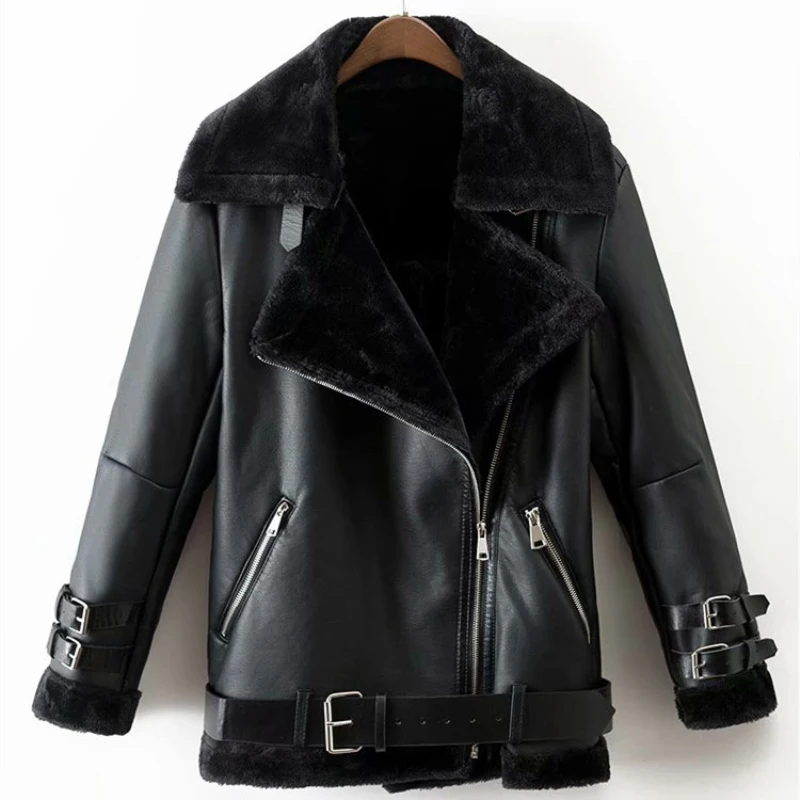 PUWD Vintage Woman Faux Leather Coat with Fur 2022 Fashion Ladies Winter Thick Motorcycle Outwear Female Cool Warm Zipper Jacket