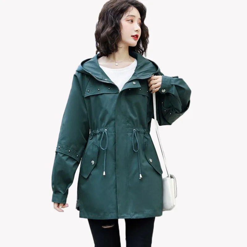 

Fad New Women Trench Coat Spring Autumn Hooded Outerwear Solid Rivet Drawstring Windbreaker Female Large Size Basic Coat AH15