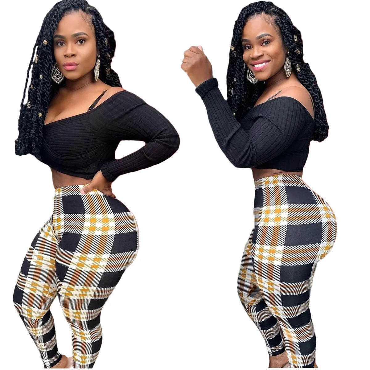 

84LY9283 Spring and autumn fashion sexy versatile women's pants checked print bottom pants streetwear women