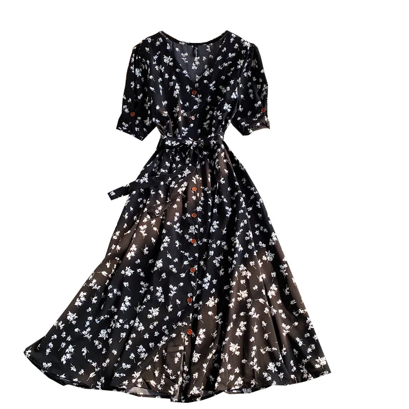 

Women Korean Short Sleeve Button Up Dresses Summer Lace Up A Line Party Shirt Dress 2021 Floral Print Shirt Dress Vestido Mujer