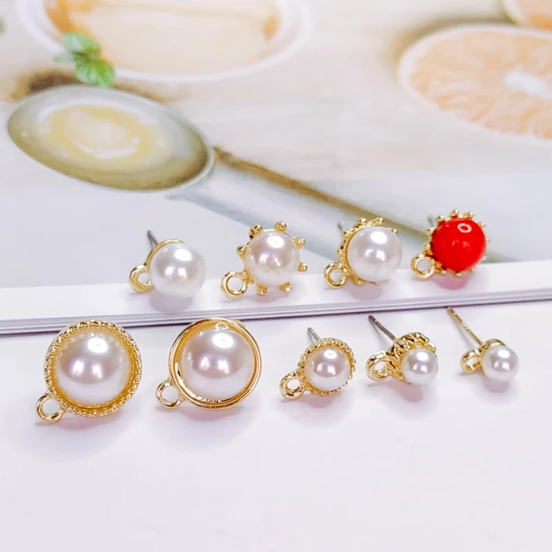 KC Gold Color Plated Rhinestone Pearl Stud Earrings Simple Eardrop Pendant Charms Jewelry Component Diy Handmade Material 8pcs