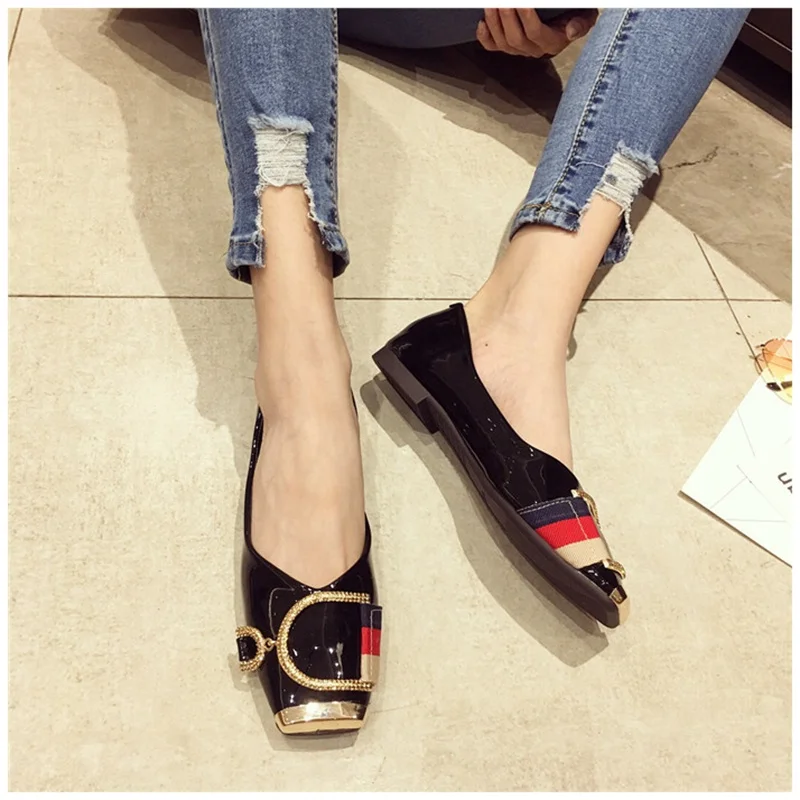 SUOJIALUN Rhinestone Buckle Flat Shoes Women Square Toe Ballerina Slip On Ladies Shoes Fashion Design Luxury Loafers Flat Shoes