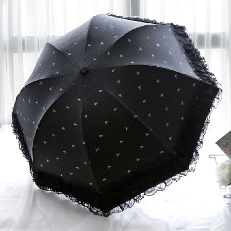 

Black Lace 3 Foldable Anti-UV Sun Umbrellas Compact Women Lady Female Parasol Princess Sunshade Rain Umbrella UV Protection