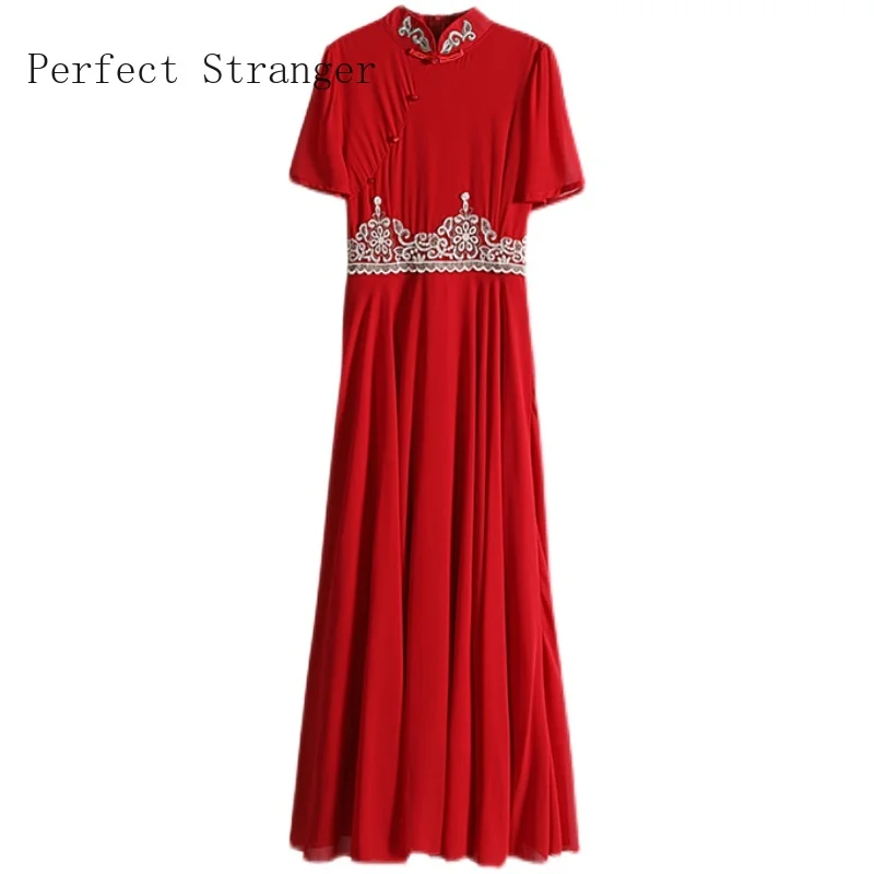 

Cheongsam Style High Quality 2021 Summer Dress For Women Mandarin Collar Short Sleeve Women Chiffon Long Dress
