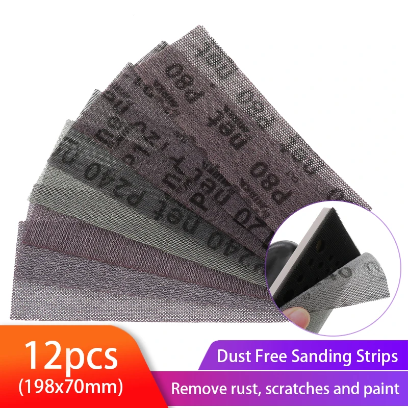

198x70mm Mesh Abrasive Dust-free Sanding Strips Anti-blocking Velcro Sandpaper Abrasive 80-400 Grit for Mirka Sander (12PCS)