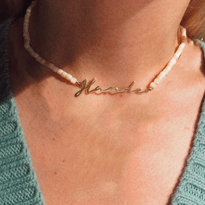 2021 New Style Personalized Stainless Steel Name Pendant Here Natural Shell Bead Short Jewelry Valentine's Day Halloween Gift