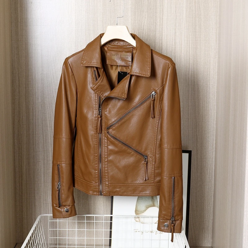 

Женская винтажная Байкерская кожаная куртка, Коричневая байкерская кожаная куртка на молнии, Дамская уличная одежда из искусственной кожи ...