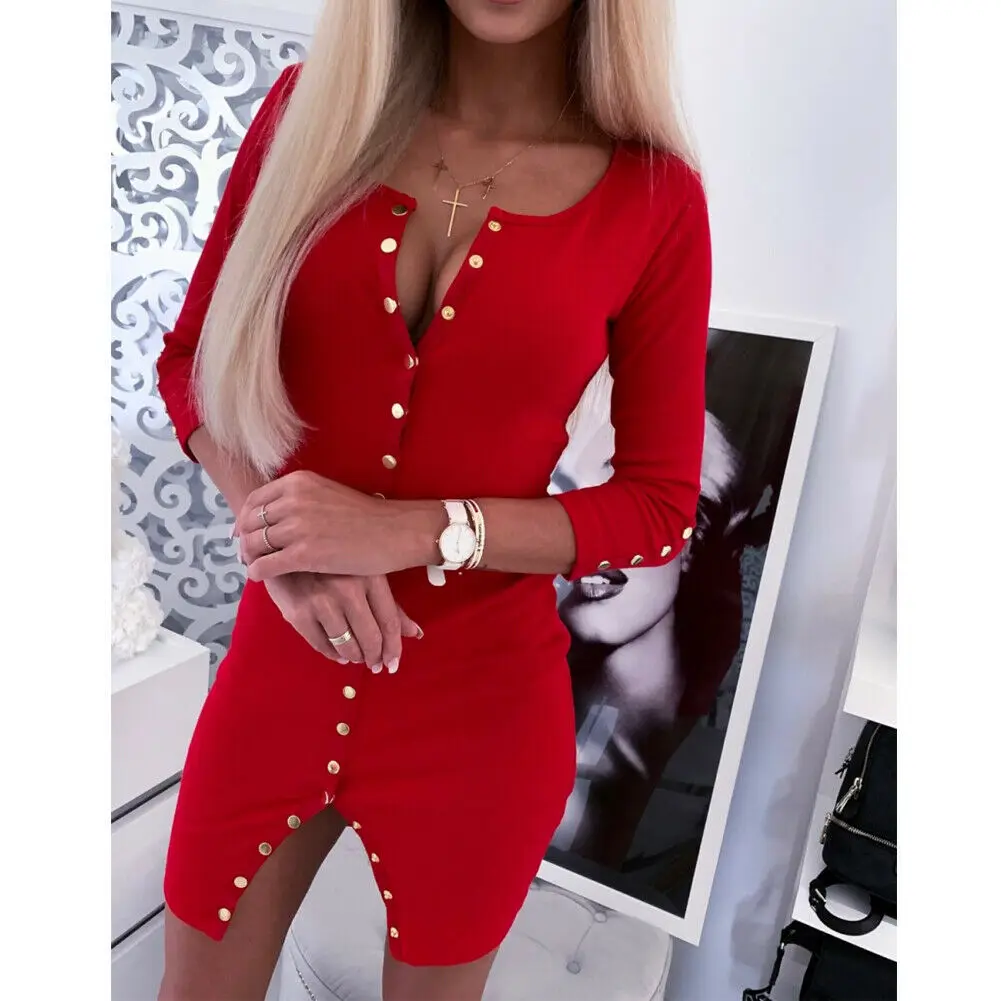 

Knitted Dresses Women Solid Color Long Sleeve Casual Bodycon Clubwear Evening Slim Knitting Single Breasted Mini Dress