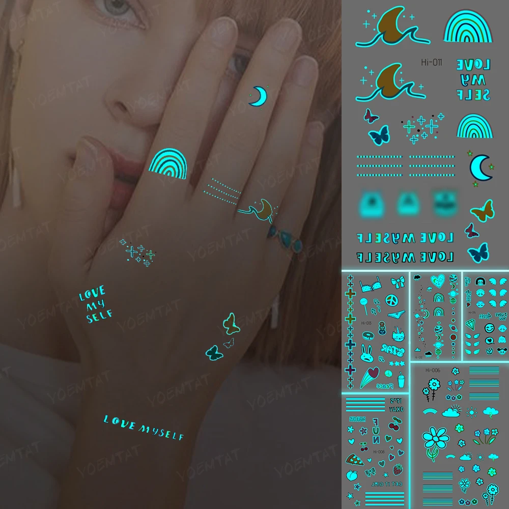

Luminous Stickers Neck Tattoo Temporary Glitter Tattoo Kids Butterfly Rainbow Moon Simple Lettering Hand Finger Tato Blue Glow
