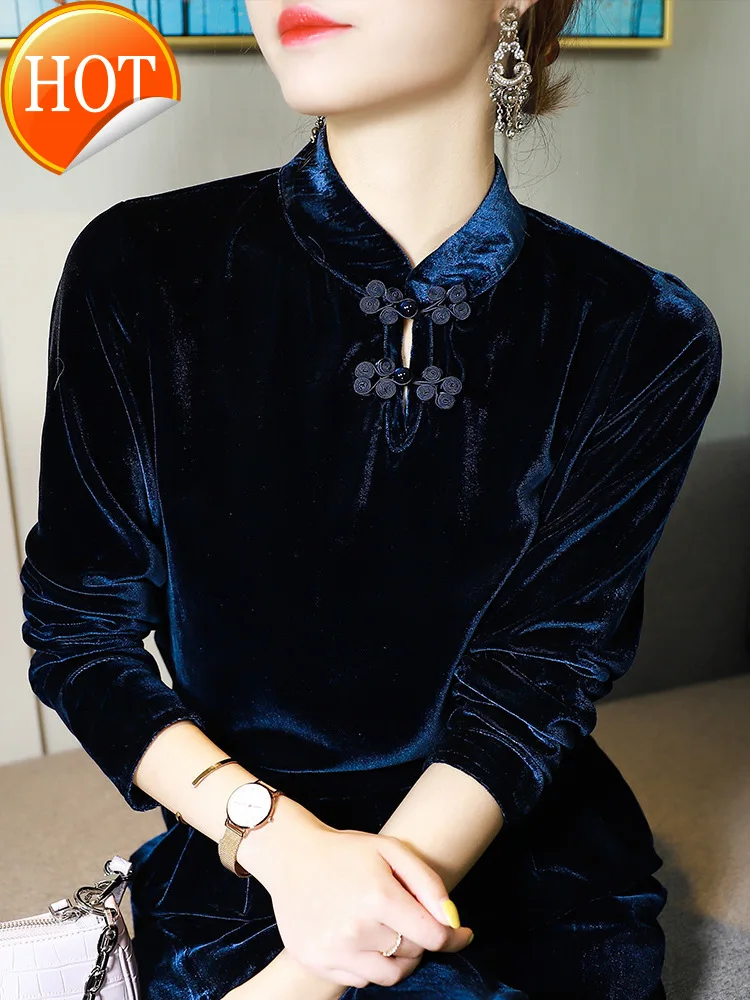 

Женский бархатный топ в западном стиле с воротником-стойкой и пряжкой