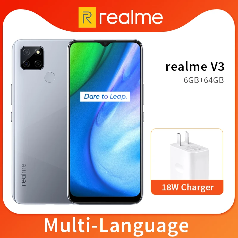 Realme V3 6 ГБ 64 / 128 Мобильный телефон 6.5 '' 720 * 1600HD + 5000 мАч Батарея 13MP Тройная камера